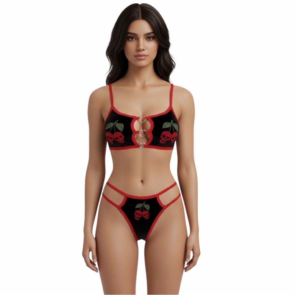 NWT Skull Cherry Lingerie Set Size L Goth Sexy Bralette Bikini Panties